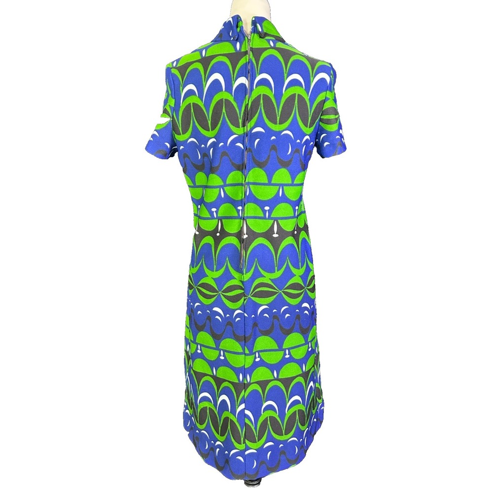 Vintage 60s Mod Shift Dress Blue Green Psychedelic Geometric Tie Neck Retro M - Picture 5 of 6